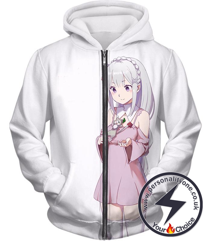 Re:Zero Anime Girl Princess Emilia Cute White Zip Up Hoodie